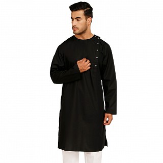 Designer round neck kurta with side slits- Black